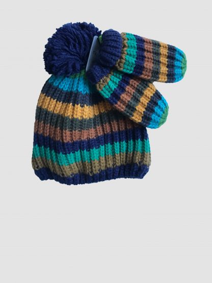 Multi stripe woolly hat and mittens set