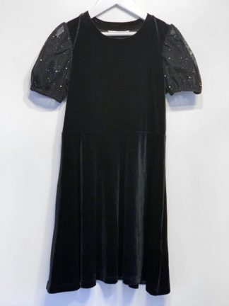M&S black velour dress with puff sparkly net sleeves.