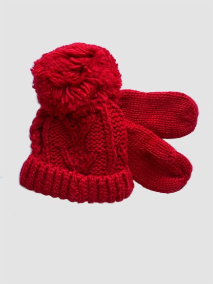 Red Pom Pom Hat + Mittens Set