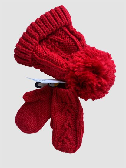 Red Pom Pom Hat + Mittens Set - Image 3