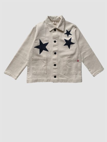 Sustainable kids clothing. Secondhand preloved denim jacket from P Denim. Star denim appliqués. Kids Chore Jacket. Secondhand designer kids clothing. P denim sustainable clothing.