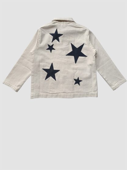 Sustainable kids clothing. Secondhand preloved denim jacket from P Denim. Star appliqués Denim Chore Jacket. Secondhand designer kids clothing.