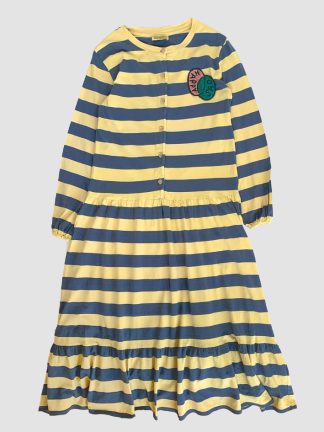 Bobo Choses Happy Sad Maxi Dress. Blue and yellow stripes. Happy Sad flocked badge. Bobo Choses Kidswear Sale