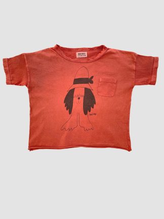 Bobo Choses Pauls Dog Tshirt. Brick Red Garment Dye. Black Dog with hat print.